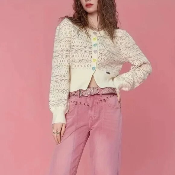 Cream Beige Love Heart Colorful Button Cardigan - Picture 4 of 5